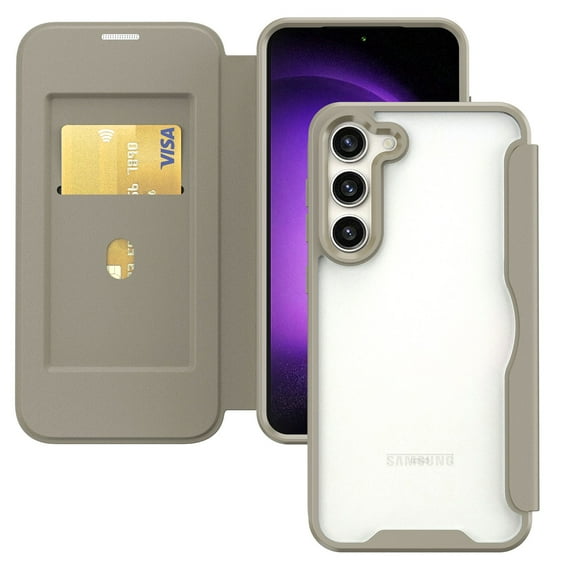 ELEHOLD Flip Case for Samsung Galaxy S24 Wallet Case with built-in Card Holder Transparent Clear Back RFID Blocking Function Full Protection Shockproof Case Cover,khaki