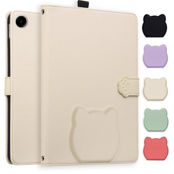 ELEHOLD Flip Case for Samsung Galaxy Tab A11 2025/A9 2023, 8.7 Inch, TPU+ PU Leather Cute Kitten Shockproof Magnetic Flip Kickstand Multi-Angle Card Slot Protection Case,White