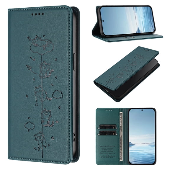ELEHOLD Flip Case for Google Pixel 10 Pro XL, Cute Cat Embossed Shockproof RFID Wallet Cover with Kickstand, Dark Green