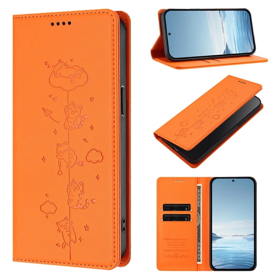 ELEHOLD Flip Case for Google Pixel 10 Pro XL, Cute Cat Embossed Shockproof RFID Wallet Cover with Kickstand, Orange