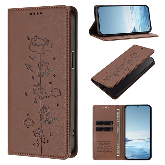 ELEHOLD Flip Case for Motorola Moto G (2026), Cute Cat Embossed Shockproof RFID Wallet Cover with Kickstand, Brown