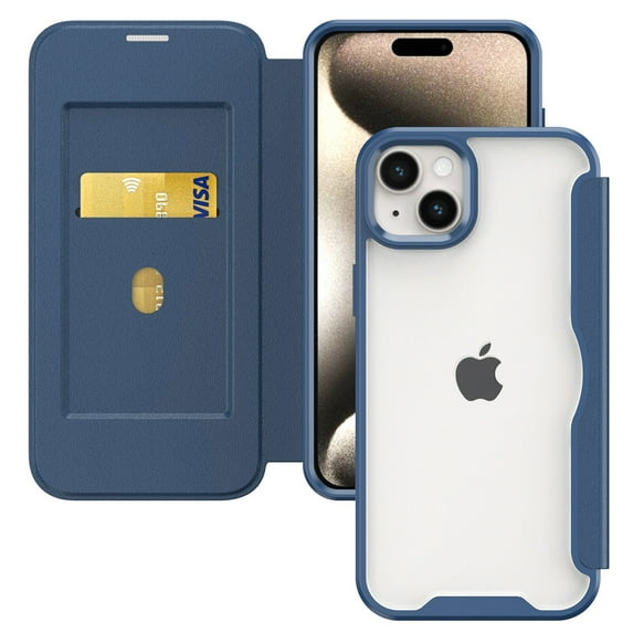 ELEHOLD Flip Case for iPhone 14 Plus Wallet Case with built-in Card Holder Transparent Clear Back RFID Blocking Function Full Protection Shockproof Case Cover,blue