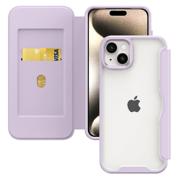 ELEHOLD Flip Case for iPhone 15 Plus Wallet Case with built-in Card Holder Transparent Clear Back RFID Blocking Function Full Protection Shockproof Case Cover,purple