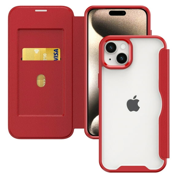 ELEHOLD Flip Case for iPhone 15 Plus Wallet Case with built-in Card Holder Transparent Clear Back RFID Blocking Function Full Protection Shockproof Case Cover,red