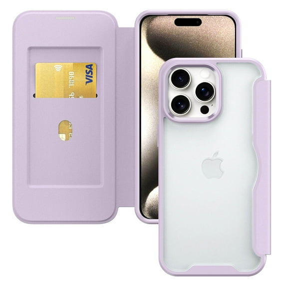 ELEHOLD Flip Case for iPhone 15 Pro Max Wallet Case with built-in Card Holder Transparent Clear Back RFID Blocking Function Full Protection Shockproof Case Cover,purple