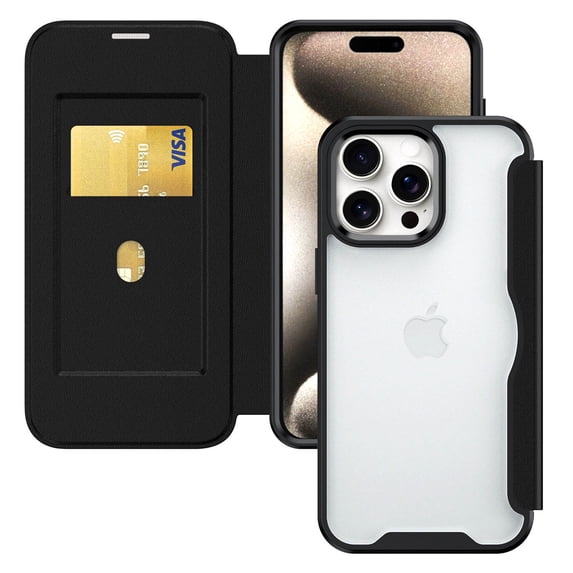 ELEHOLD Flip Case for iPhone 15 Pro Max Wallet Case with built-in Card Holder Transparent Clear Back RFID Blocking Function Full Protection Shockproof Case Cover,black