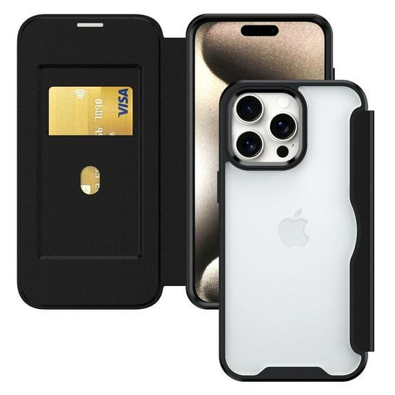 ELEHOLD Flip Case for iPhone 15 Pro Max Wallet Case with built-in Card Holder Transparent Clear Back RFID Blocking Function Full Protection Shockproof Case Cover,black