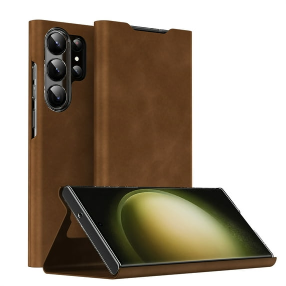 ELEHOLD Flip Folio Leather Case for Samsung Galaxy S22 Ultra with Card Holder Premium Leather Magnetic Suction Kickstand Function Support Wireless Charging Full Protection Case,brown
