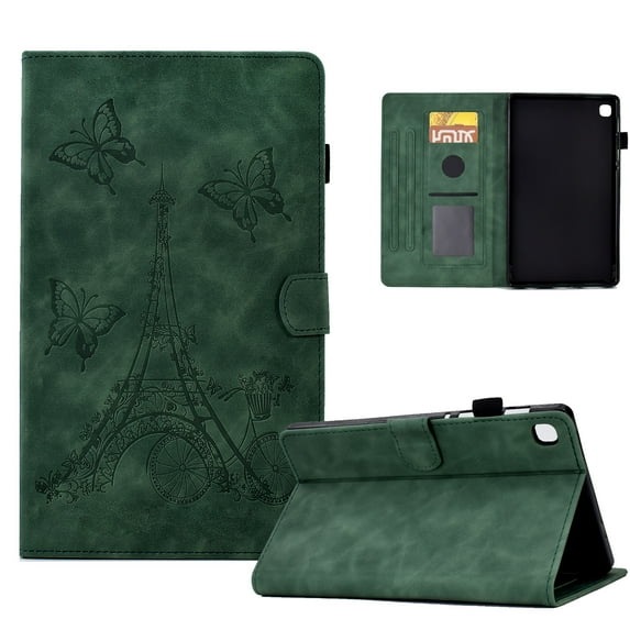 ELEHOLD Flip Folio Leather Case for Samsung Galaxy Tab A7 Lite 8.7 (2021) Butterflies Tower Pattern Card Slots Auto Wake/Sleep Kickstand Function Multi-Functional Shockproof Slim Case,Green