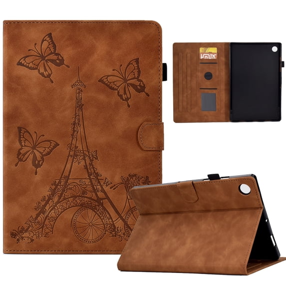 ELEHOLD Flip Folio Leather Case for Samsung Galaxy Tab A8 10.5 (2022), Butterflies Tower Pattern Card Slots Auto Wake/Sleep Kickstand Function Multi-Functional Protective Shockproof Slim Case,Brown