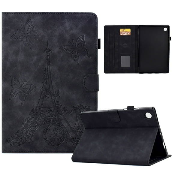 ELEHOLD Flip Folio Leather Case for Samsung Galaxy Tab A8 10.5 (2022), Butterflies Tower Pattern Card Slots Auto Wake/Sleep Kickstand Function Multi-Functional Protective Shockproof Slim Case,Black