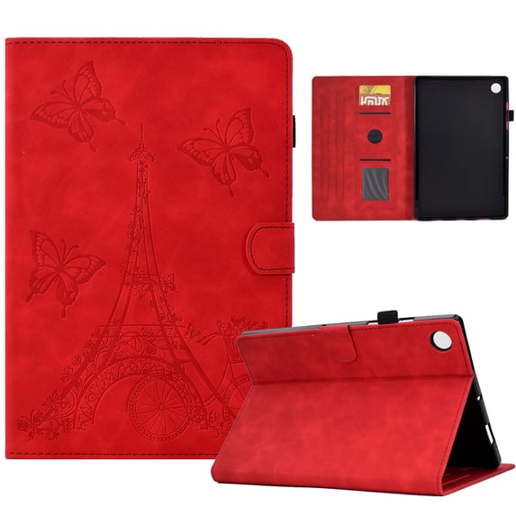 ELEHOLD Flip Folio Leather Case for Samsung Galaxy Tab A8 10.5 (2022), Butterflies Tower Pattern Card Slots Auto Wake/Sleep Kickstand Function Multi-Functional Protective Shockproof Slim Case,Red