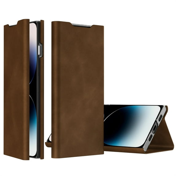 ELEHOLD Flip Folio Leather Case for iPhone 14 with Card Holder Premium Leather Magnetic Suction Kickstand Function Support Wireless Charging Full Protection Case,brown