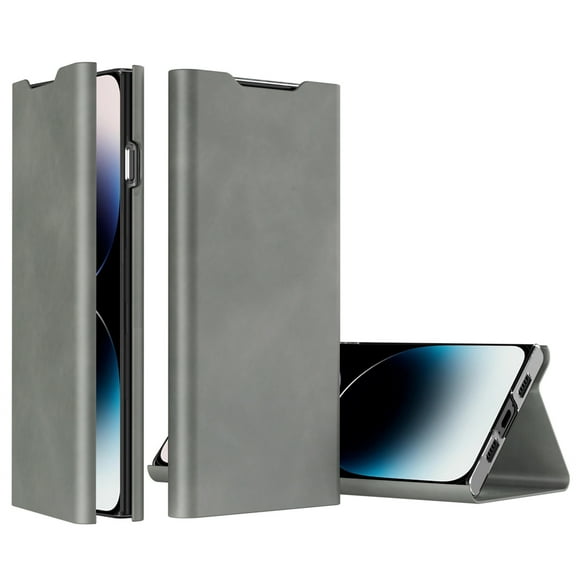 ELEHOLD Flip Folio Leather Case for iPhone 14 with Card Holder Premium Leather Magnetic Suction Kickstand Function Support Wireless Charging Full Protection Case,gray