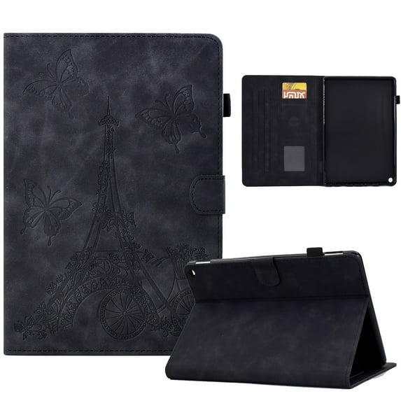 ELEHOLD Flip Leather Case for Fire HD 10/10 Plus (11th Gen 2021),Butterflies Tower Pattern Card Slots Auto Wake/Sleep Kickstand Function Multi-Functional Shockproof Slim Case,Black