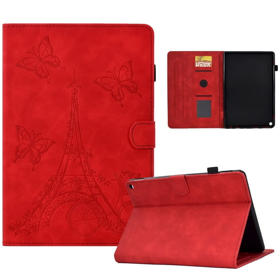 ELEHOLD Flip Leather Case for Fire HD 10/10 Plus (11th Gen 2021),Butterflies Tower Pattern Card Slots Auto Wake/Sleep Kickstand Function Multi-Functional Shockproof Slim Case,Red