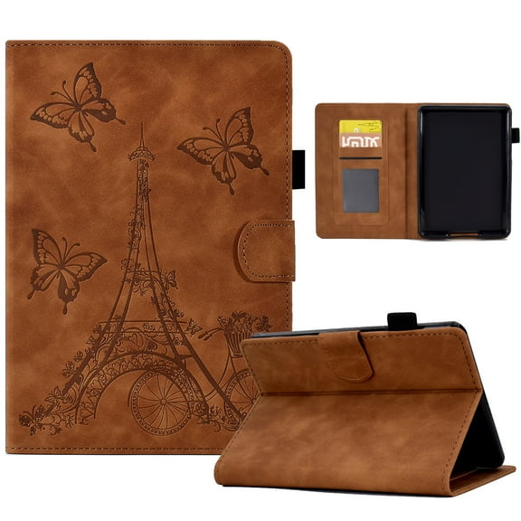 ELEHOLD Flip Leather Case for Kindle Paperwhite 4/3/2/1,Butterflies Tower Embossed Pattern Card Slots Auto Wake/Sleep Kickstand Function Multi-Functional Shockproof Slim Case,Brown