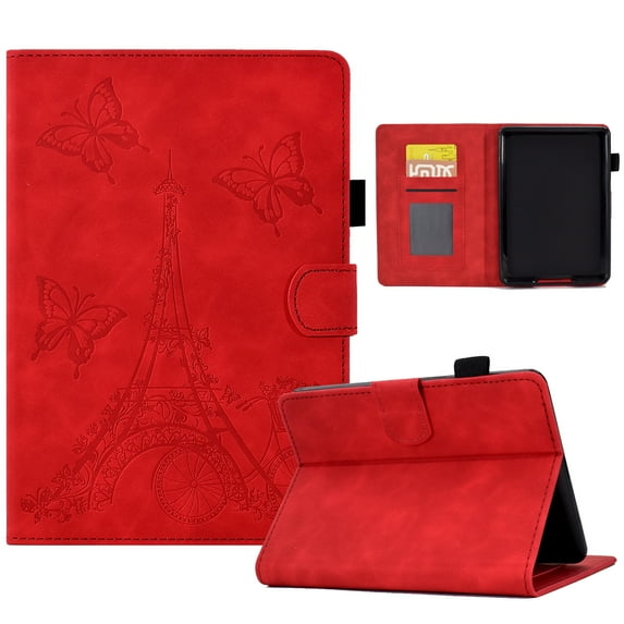 ELEHOLD Flip Leather Case for Kindle Paperwhite 4/3/2/1,Butterflies Tower Embossed Pattern Card Slots Auto Wake/Sleep Kickstand Function Multi-Functional Shockproof Slim Case,Red
