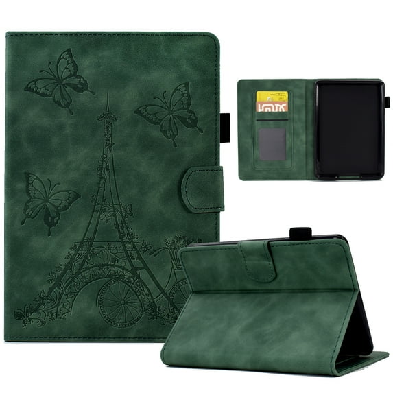 ELEHOLD Flip Leather Case for Kindle Paperwhite 4/3/2/1,Butterflies Tower Embossed Pattern Card Slots Auto Wake/Sleep Kickstand Function Multi-Functional Shockproof Slim Case,Green