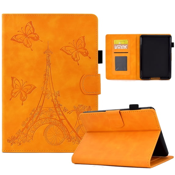 ELEHOLD Flip Leather Case for Kindle Paperwhite 4/3/2/1,Butterflies Tower Embossed Pattern Card Slots Auto Wake/Sleep Kickstand Function Multi-Functional Shockproof Slim Case,Khaki