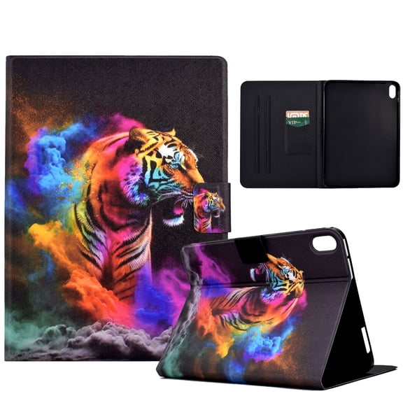 ELEHOLD Flip Leather Case for iPad 10th Generation 10.9" (2022) with Printed Pattern Card Slots Anti-Slip Strip Auto Wake/Sleep Kickstand Function Shockproof Folding Case,Tiger