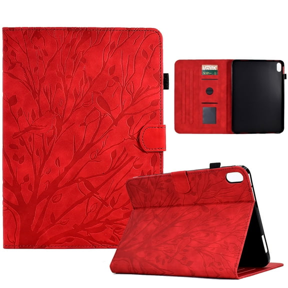 ELEHOLD Flip Leather Case for iPad 10th Generation 10.9" (2022) with Tree Pattern Card Slots Anti-Slip Strip Auto Wake/Sleep Kickstand Function Shockproof Folding Case,Red