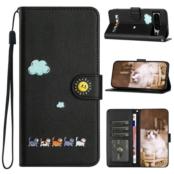 ELEHOLD Flip Leather Wallet Case for Google Pixel 7 Pro Cute Animals Pattern with Card Slots Magnetic Clasp Soft Shockproof Leather Protective Case with Lanyard,black