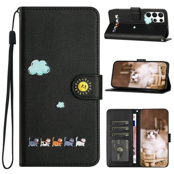 ELEHOLD Flip Leather Wallet Case for Samsung Galaxy A12 Cute Animals Pattern with Card Slots Magnetic Clasp Soft Shockproof Leather Protective Case with Lanyard,black