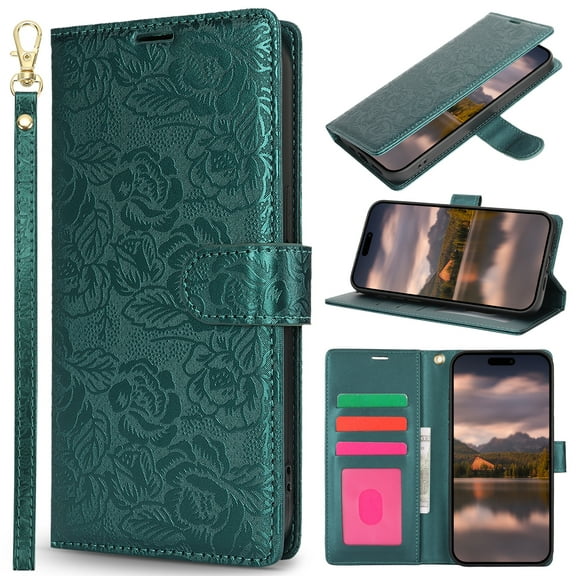 ELEHOLD Flip Leather Wallet Case for Samsung Galaxy A16 5G with Strap, Shockproof Vintage Leather Flowers TPU Card Pocket Wallet Protective Phone Case with Lanyard, Green