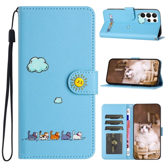 ELEHOLD Flip Leather Wallet Case for Samsung Galaxy S21 Ultra Cute Animals Pattern with Card Slots Magnetic Clasp Soft Shockproof Leather Protective Case with Lanyard,blue