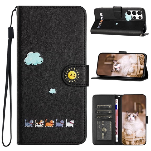 ELEHOLD Flip Leather Wallet Case for Samsung Galaxy S23 Cute Animals Pattern with Card Slots Magnetic Clasp Soft Shockproof Leather Protective Case with Lanyard,black
