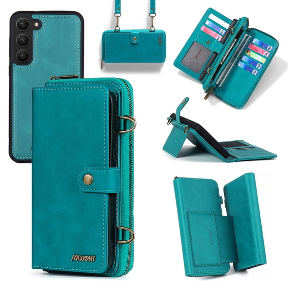 ELEHOLD Flip Leather Wallet Case for Samsung Galaxy S23 with Large Capacity 13 Card Slots Zipper Pocket Kickstand Magnetic Detachable Case Crossbody Shoulder Strap Shockproof Protective,Blue