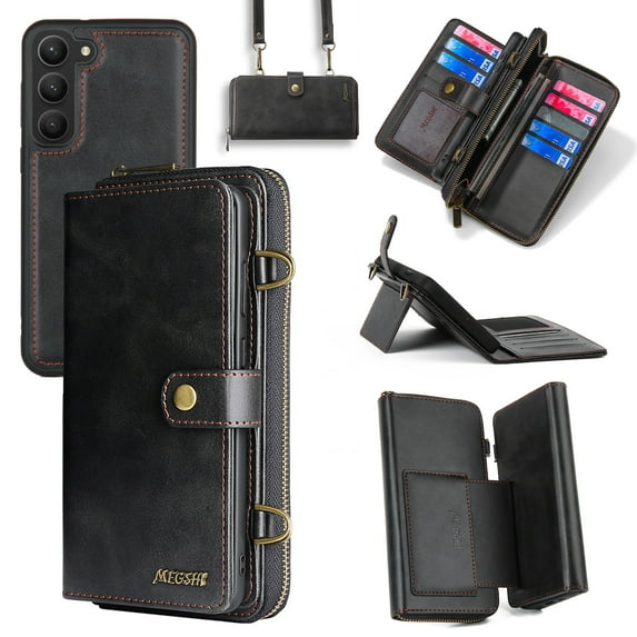 ELEHOLD Flip Leather Wallet Case for Samsung Galaxy S23 with Large Capacity 13 Card Slots Zipper Pocket Kickstand Magnetic Detachable Case Crossbody Shoulder Strap Shockproof Protective,Black
