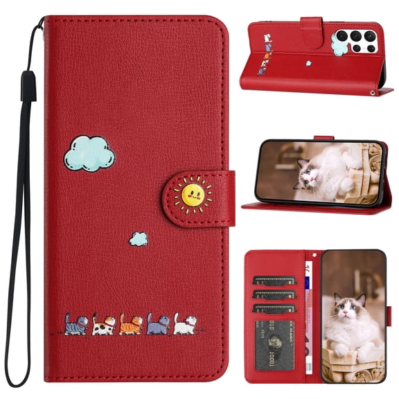 ELEHOLD Flip Leather Wallet Case for Samsung Galaxy S23 Ultra Cute Animals Pattern with Card Slots Magnetic Clasp Soft Shockproof Leather Protective Case with Lanyard,red