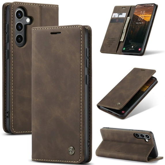 ELEHOLD Flip Leather Wallet Case for Samsung Galaxy S24 with Card Slots Cash Pocket Kickstand Function Magnetic Closure Shockproof Anti-Scratch Purse Case for Samsung S24,Coffee