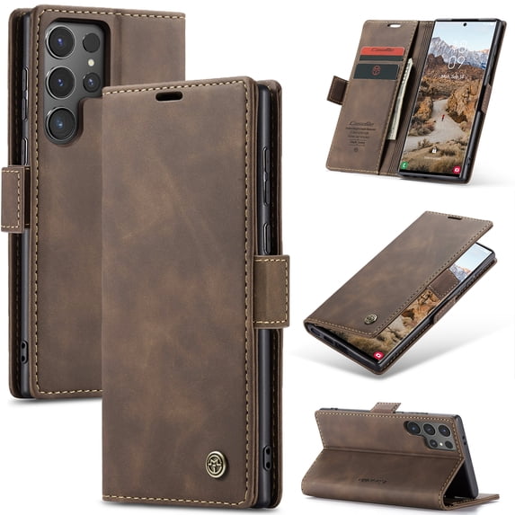 ELEHOLD Flip Leather Wallet Case for Samsung Galaxy S24 Ultra with Card Slots Cash Pocket Kickstand Function Magnetic Closure Shockproof Anti-Scratch Purse Case for Samsung S24 Ultra,Coffee