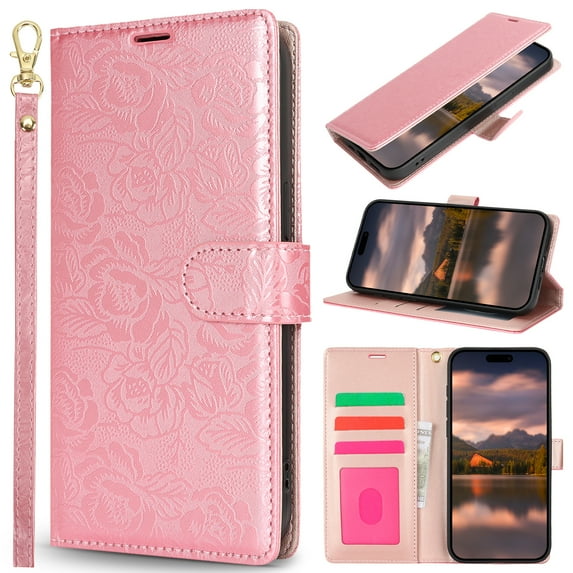 ELEHOLD Flip Leather Wallet Case for Samsung Galaxy S25+ with Strap, Shockproof Vintage Leather Flowers TPU Card Pocket Wallet Protective Phone Case with Lanyard, Pink