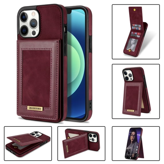 ELEHOLD Flip Leather Wallet Case for iPhone 13 Pro Max 6.7 inch with RFID Blocking Card Slots Holders Magnetic Buckle Kickstand Function Business Style Men Women Case, Winered