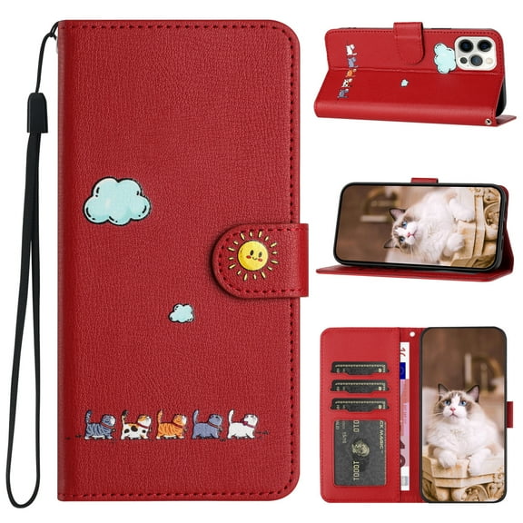 ELEHOLD Flip Leather Wallet Case for iPhone 14 Cute Animals Pattern with Card Slots Magnetic Clasp Soft Shockproof Leather Protective Case with Lanyard,red