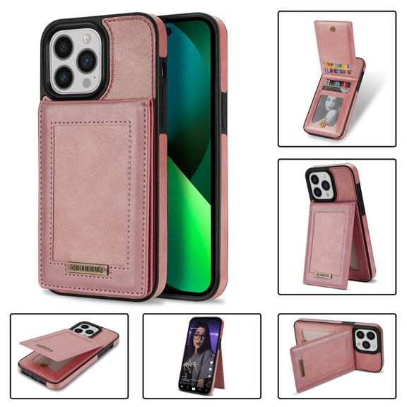 ELEHOLD Flip Leather Wallet Case for iPhone 14 Pro 6.1 inch with RFID Blocking Card Slots Holders Magnetic Buckle Kickstand Function Business Style Men Women Case, Rosegold