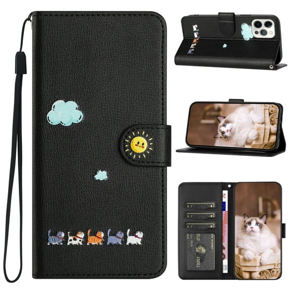 ELEHOLD Flip Leather Wallet Case for iPhone 15 Cute Animals Pattern with Card Slots Magnetic Clasp Soft Shockproof Leather Protective Case with Lanyard,black