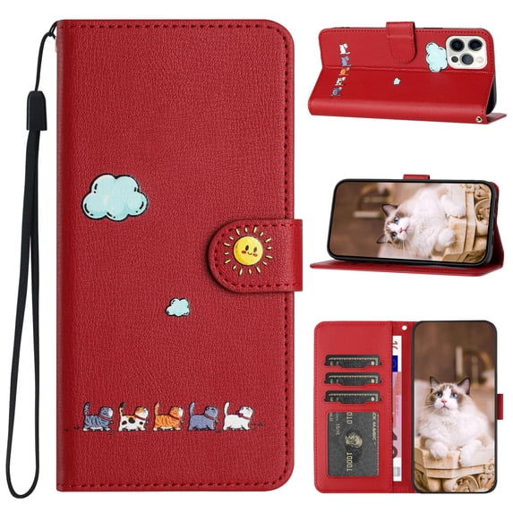 ELEHOLD Flip Leather Wallet Case for iPhone 15 Pro Cute Animals Pattern with Card Slots Magnetic Clasp Soft Shockproof Leather Protective Case with Lanyard,red