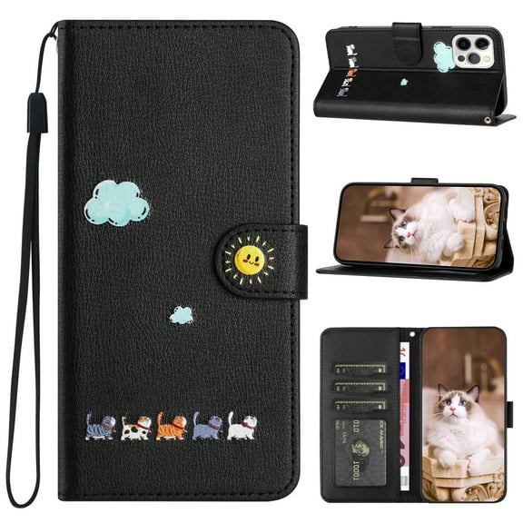 ELEHOLD Flip Leather Wallet Case for iPhone 15 Pro Max Cute Animals Pattern with Card Slots Magnetic Clasp Soft Shockproof Leather Protective Case with Lanyard,black