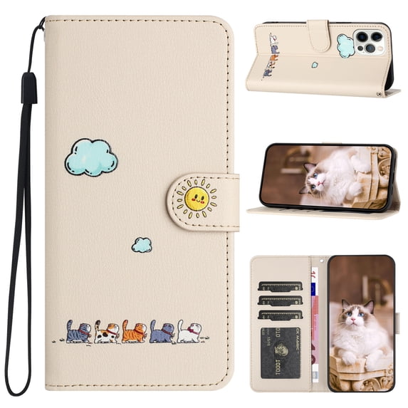 ELEHOLD Flip Leather Wallet Case for iPhone XS/X Cute Animals Pattern with Card Slots Magnetic Clasp Soft Shockproof Leather Protective Case with Lanyard,beige