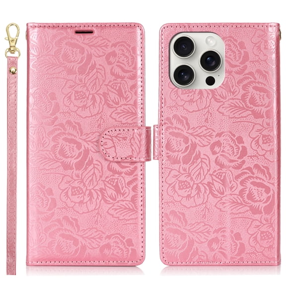 ELEHOLD Flip Wallet Case For Apple iPhone 13 With Strap, Non-Slip Lightweight PU Leather Flowers Flip Stand Wallet Protective Case Cover With Card Slots Lanyard ,Pink