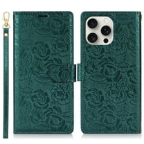 ELEHOLD Flip Wallet Case For Apple iPhone 15 Plus With Strap, Non-Slip Lightweight PU Leather Flowers Flip Stand Wallet Protective Case Cover With Card Slots Lanyard ,Green