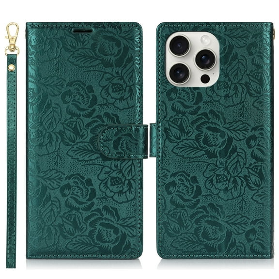 ELEHOLD Flip Wallet Case For Apple iPhone 15 With Strap, Non-Slip Lightweight PU Leather Flowers Flip Stand Wallet Protective Case Cover With Card Slots Lanyard ,Green