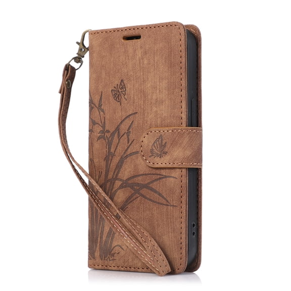 ELEHOLD Flip Wallet Case for Google Pixel 6 Case Embossed Flower Butterflies Premium Leather Card Slots Kickstand Function Magnetic Clasp Detachable Wrist Lanyard Full Protective Case,brown