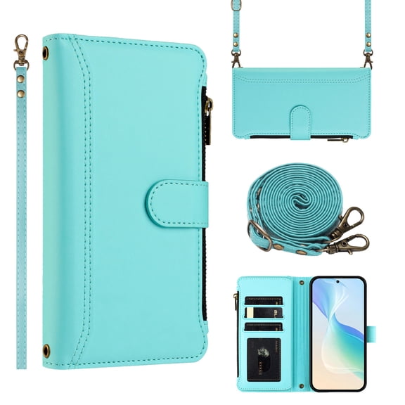 ELEHOLD Flip Wallet Case For Google Pixel 9 / 9 Pro, Shrockproof  PU Leather Card Slots Magnetic Closure Protective Cover with  Lanyard+Shoulder Strap,Mint