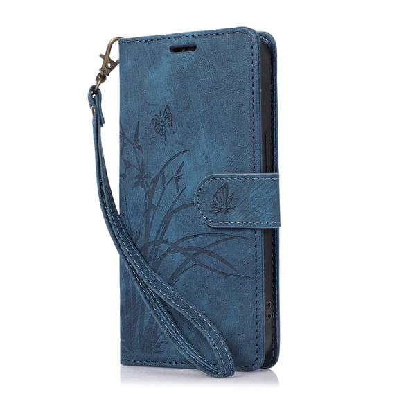 ELEHOLD Flip Wallet Case for Samsung Galaxy A24 4G Case Embossed Flower Butterflies Premium Leather Card Slots Kickstand Function Magnetic Clasp Detachable Wrist Lanyard Full Protective Case,blue